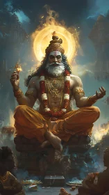 Meditating temple sage radiates divine fire halo above altar