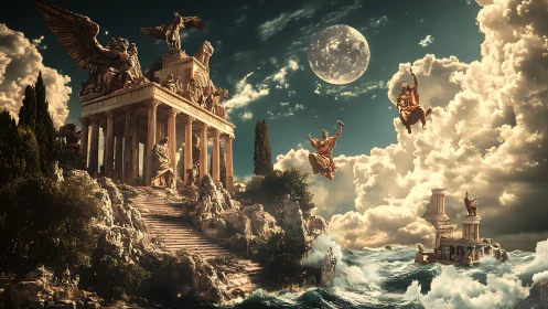 Mythic celestial acropolis over storm-tossed divine sea.
