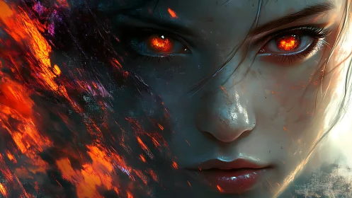 Inferno-eyed heroine staring down the storm of embers.