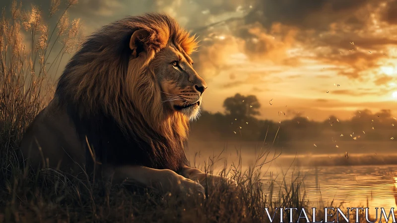 Lion resting by riverbank at warm golden sunset light.