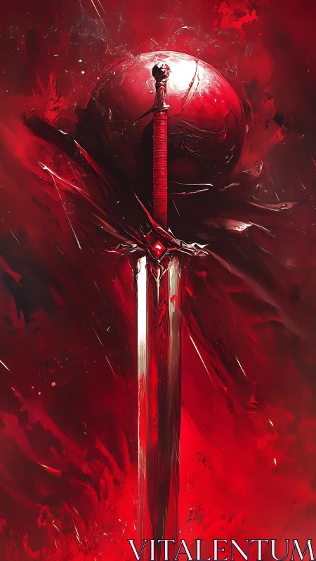 Blood red sword against sphere in abstract crimson storm.