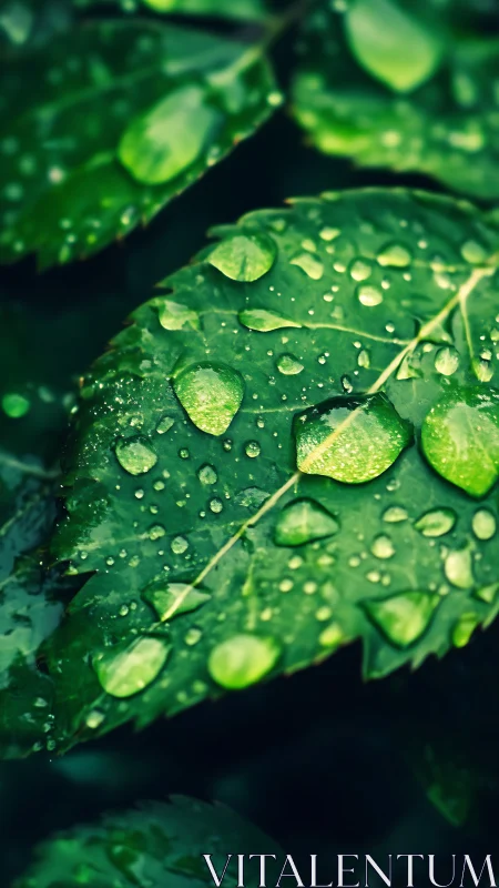 Close-up raindrops on deep green leaf surface in focus.