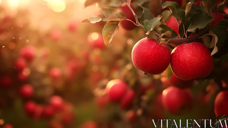 Ripe red apples on tree branches in soft sunset light.