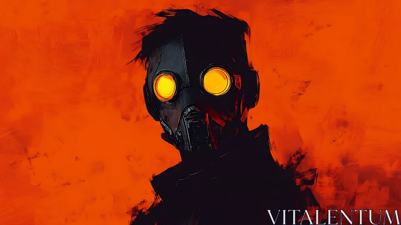 Glowing-eyed masked wanderer stands against vivid orange void