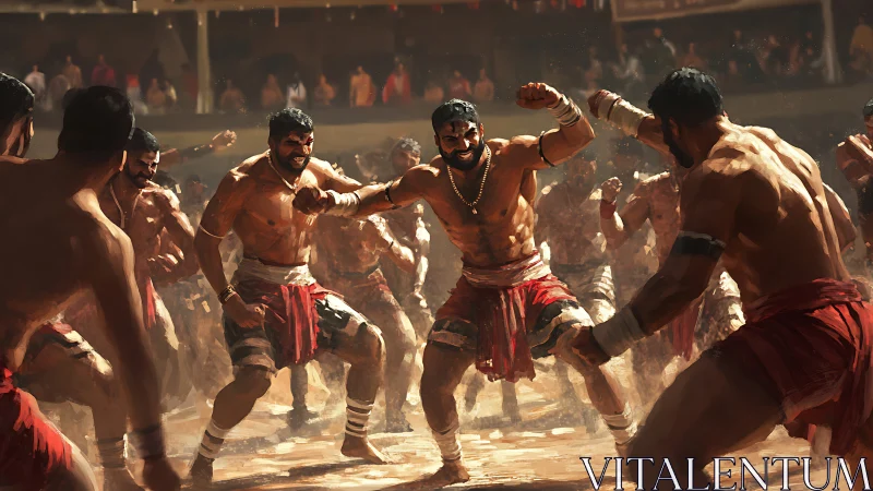 Digital painting of arena fighters in dynamic radial composition.