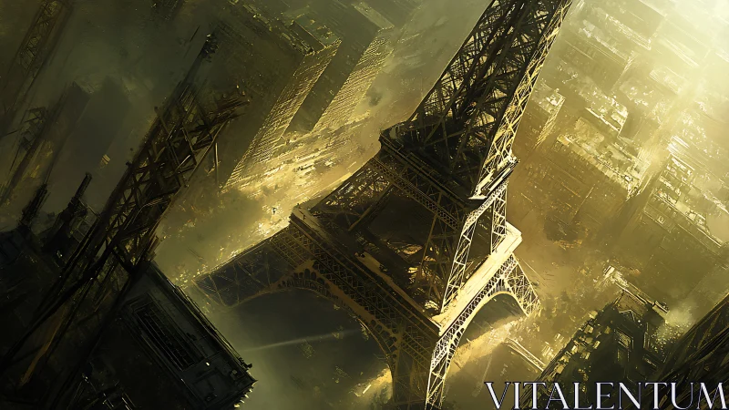 Eiffel Tower in dense futuristic cityscape, oblique view.