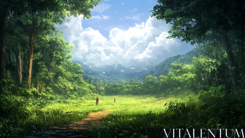 Luminous forest clearing with distant mountains in digital painting.