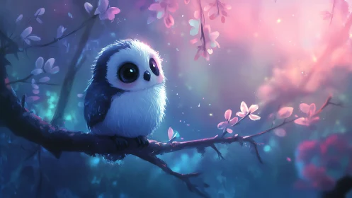 Cute baby owl on a branch in dreamy pastel fantasy forest scene.