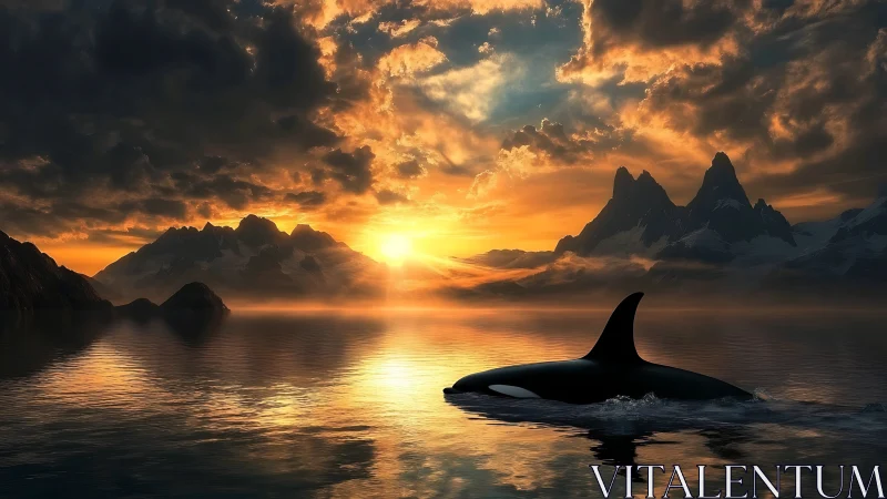 Orca glides through fiery polar sunset beneath stormy clouds.