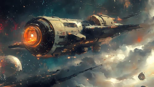 Massive starship crosses nebula clouds in cinematic deep space.