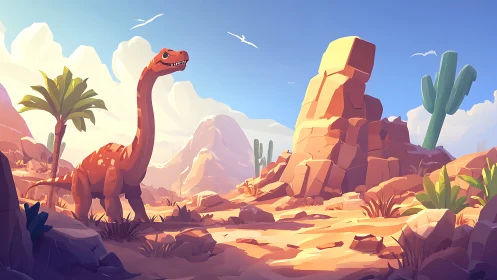 Cartoon dinosaur stands in sunlit desert canyon landscape