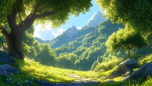 Alpine Valley Luminescence: Sunlit Forest Clearing with Mountainous Backdrop