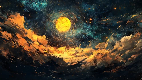 Turbulent nebular clouds orbiting radiant stellar vortex.