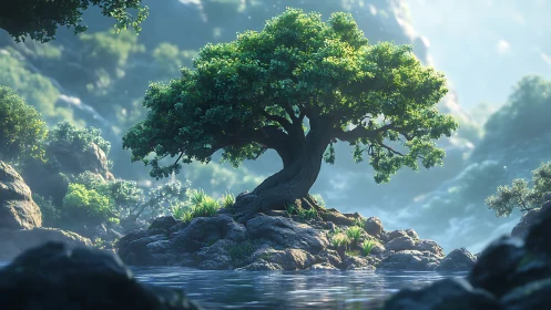 Solitary riverside tree amid misty rocky valley landscape.