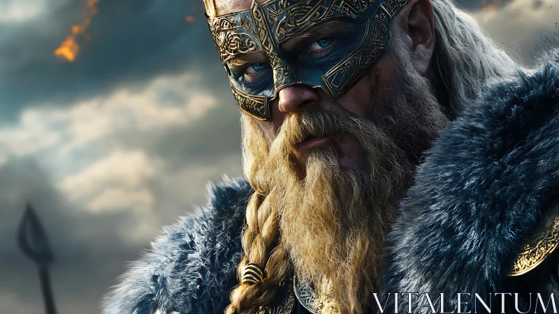 Armored bearded warrior in fur cloak under stormy sky.