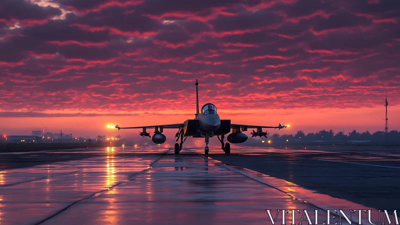 Storm-red runway vigil with a lone fighter jet waiting out dawn.