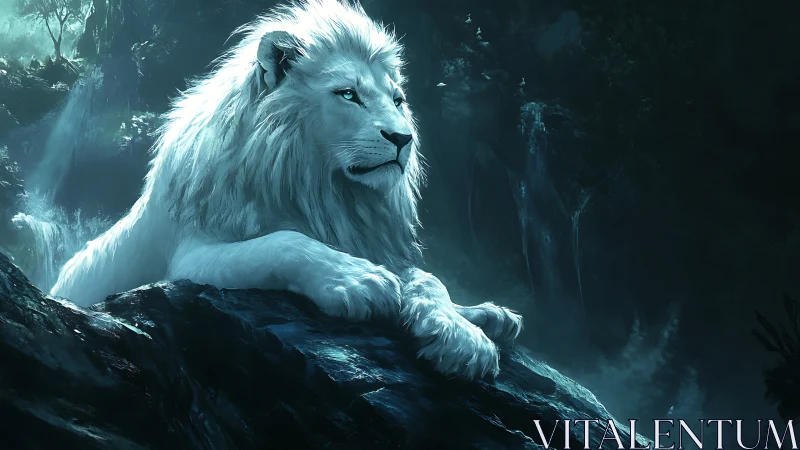 White lion rests on rocky ledge in moonlit misty forest