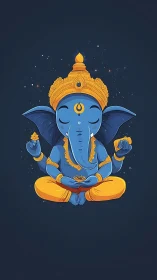 Blue Ganesha meditates in lotus pose on deep navy void