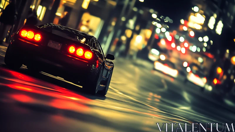 Night street supercar with glowing taillights in motion.