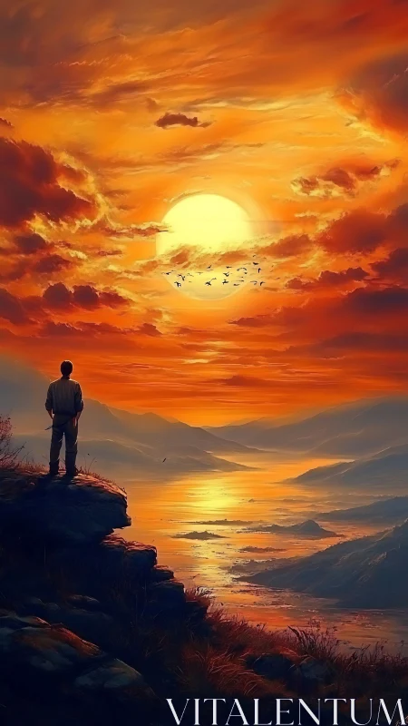 Solitary figure watches blazing sunset over luminous bay