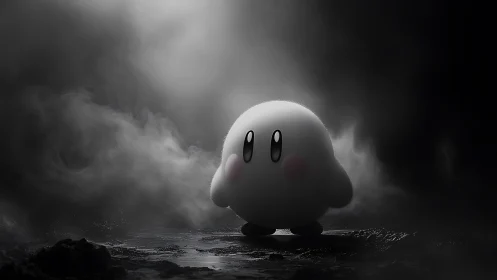 Round cartoon character stands in dramatic smoky lighting