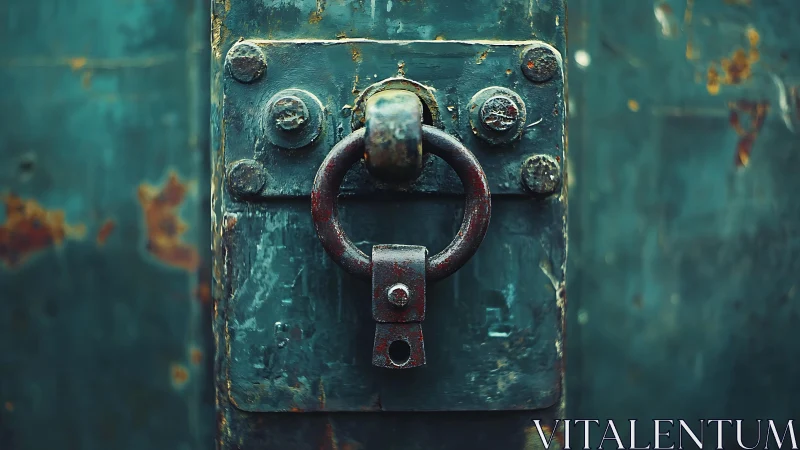 Rust-kissed iron door ring guarding a teal-weathered gate.