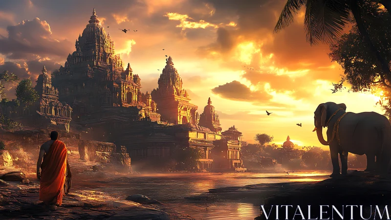 Sunlit temple riverfront with monk, elephant and golden sky.