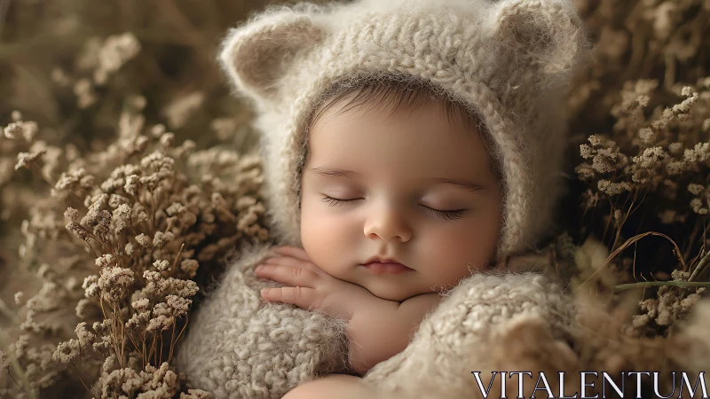 Sleeping infant in cream knit bonnet surrounded by dried baby's breath.