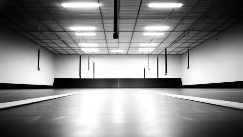 Monochrome indoor training hall with linear fluorescent lighting grid