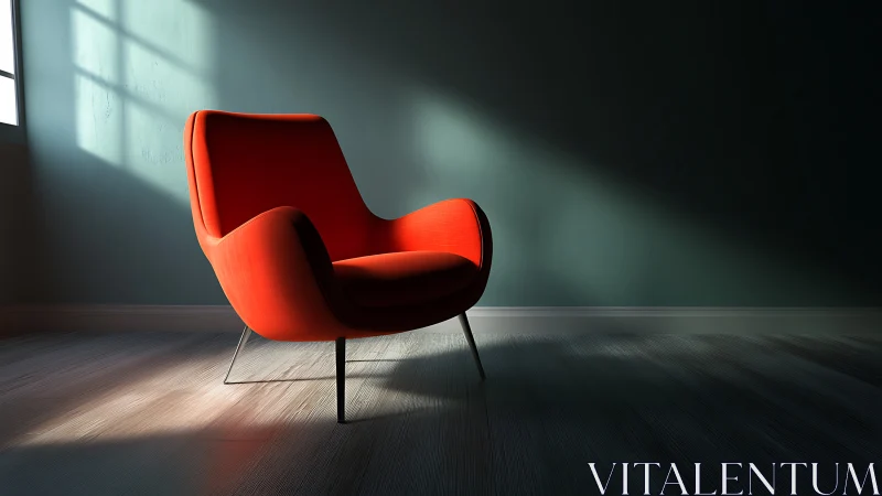 Cozy red lounge chair basking in a quiet afternoon glow.