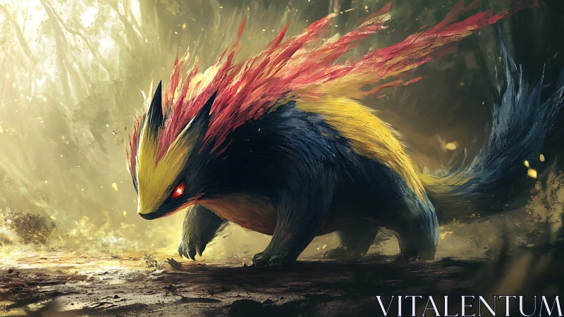 Quadruped creature with fiery dorsal spines in forest light.