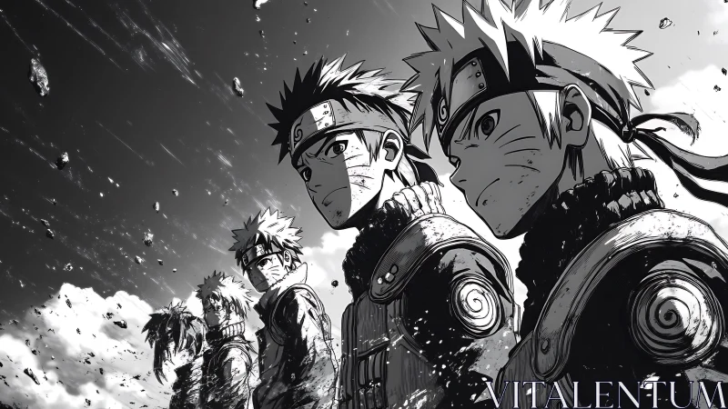 Monochrome ninja squad in dynamic diagonal combat alignment.