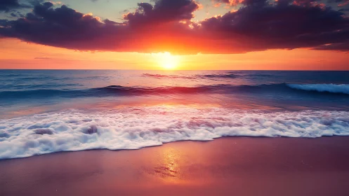 Glowing ocean sunset gently welcomes rolling waves to shore