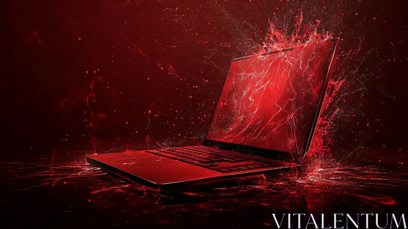Red-lit gaming laptop erupts with dynamic liquid energy waves