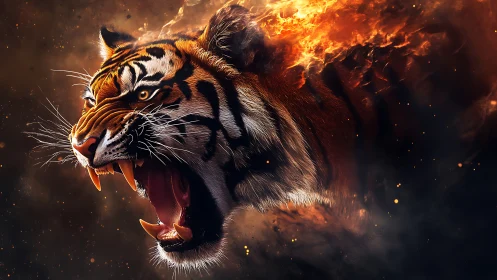 Roaring tiger head emerges with fiery, smoke-filled backdrop.