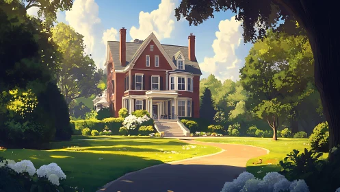 Sunlit red-brick manor wrapped in lush summer gardens.