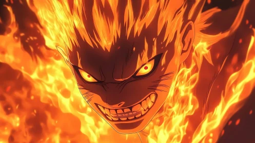 Incandescent anime flame warrior portrait with crazed snarl