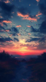 Vertical sunset vista with silhouetted path and birds in flight.