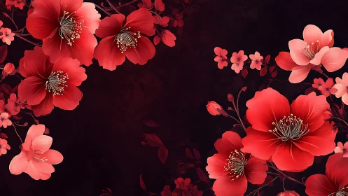 Luminous Red Florals Against Dark Background: Digital Botanical Composition.