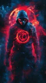 Hooded humanoid figure in fiery red and blue digital environment.