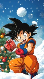 Dynamic anime child in snowy holiday scene with strong cel shading