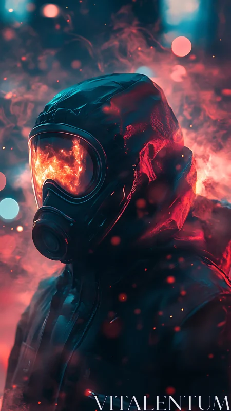 Hooded figure in gas mask with fiery visor in smoke.