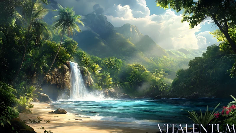 Coastal waterfall descends into a tropical cove at midday