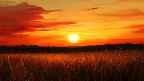 Sunset over golden field under deep orange sky.
