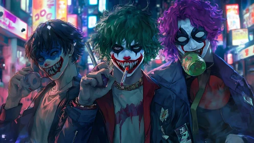 Neon street clowns bare manic grins under city lights.