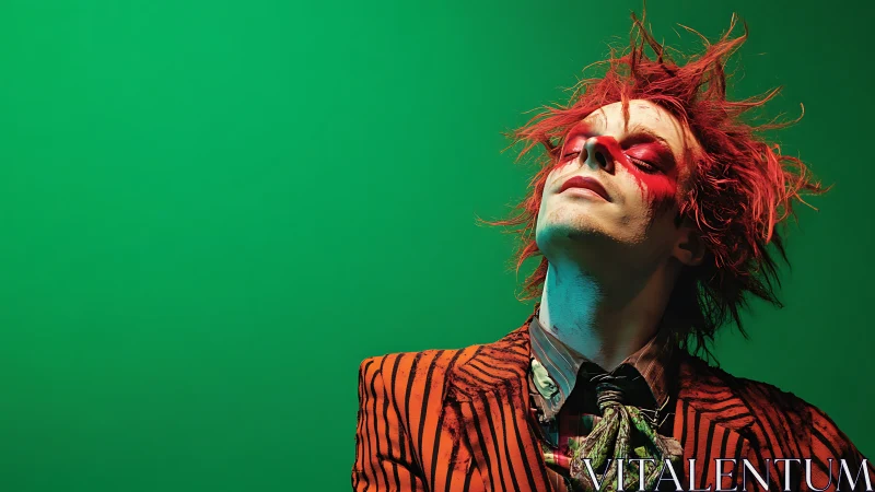 Theatrical portrait with red clown makeup on green backdrop.