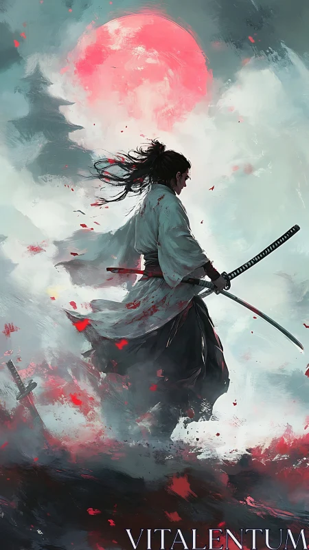 Ronin silhouette under crimson sun with dynamic katana draw