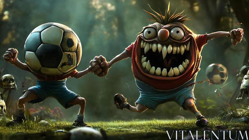 Grotesque cartoon soccer duo charge through eerie forest field.