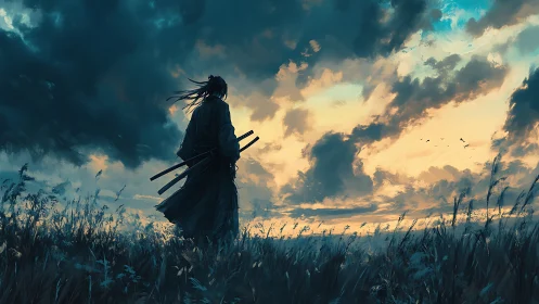 Lone samurai walks through windswept field at stormy dusk