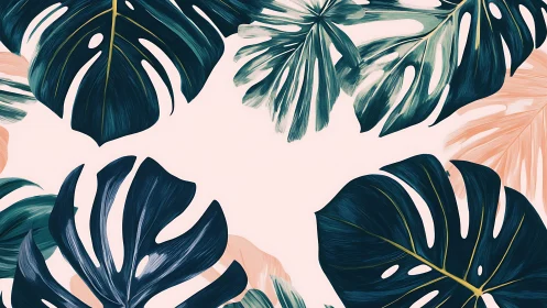 Tropical monstera foliage on blush ground, digital illustration.